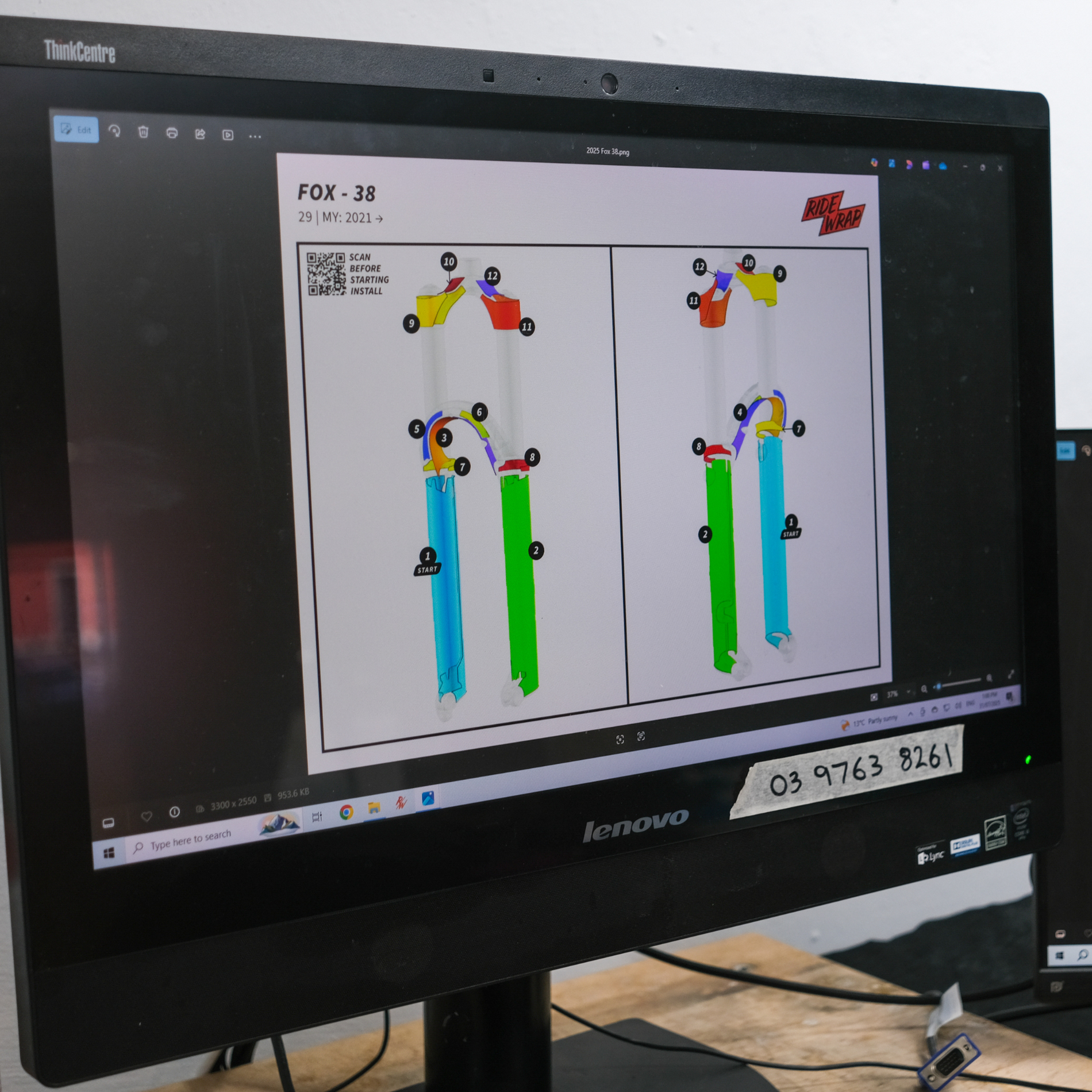 Computer monitor displaying a diagram showing where Ride Wrap frame protection its be placed on the bike.