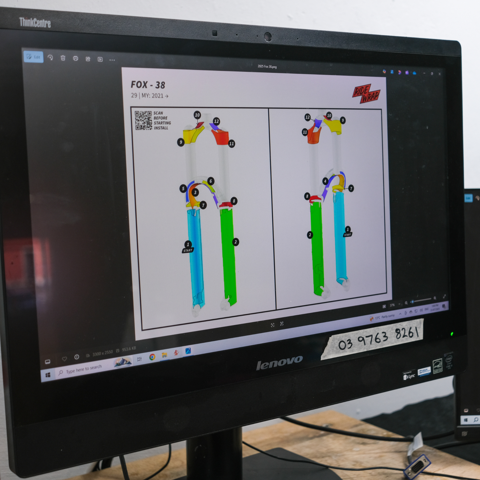Computer monitor displaying a diagram showing where Ride Wrap frame protection its be placed on the bike.