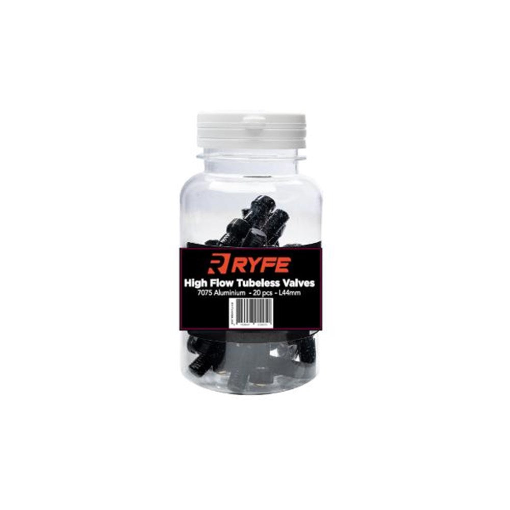 RYFE Tubeless High Flow Presta Valves 44mm Jar of 20 - Black