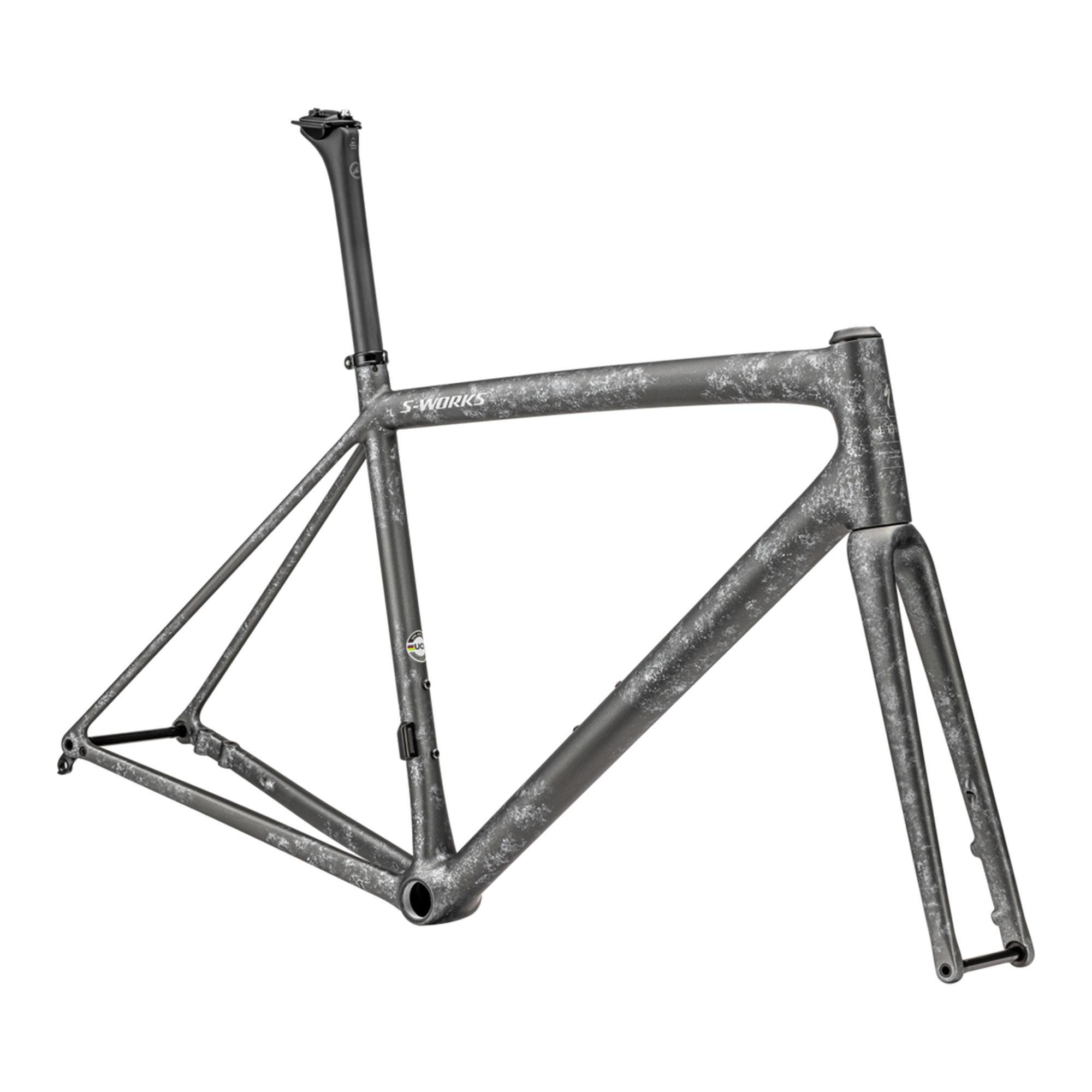 Specialized S-Works Aethos Frameset - FACT 12r Carbon - Satin Silver Pearl - Black Pearl Organic Color Run/ Brushed Liquid Silver