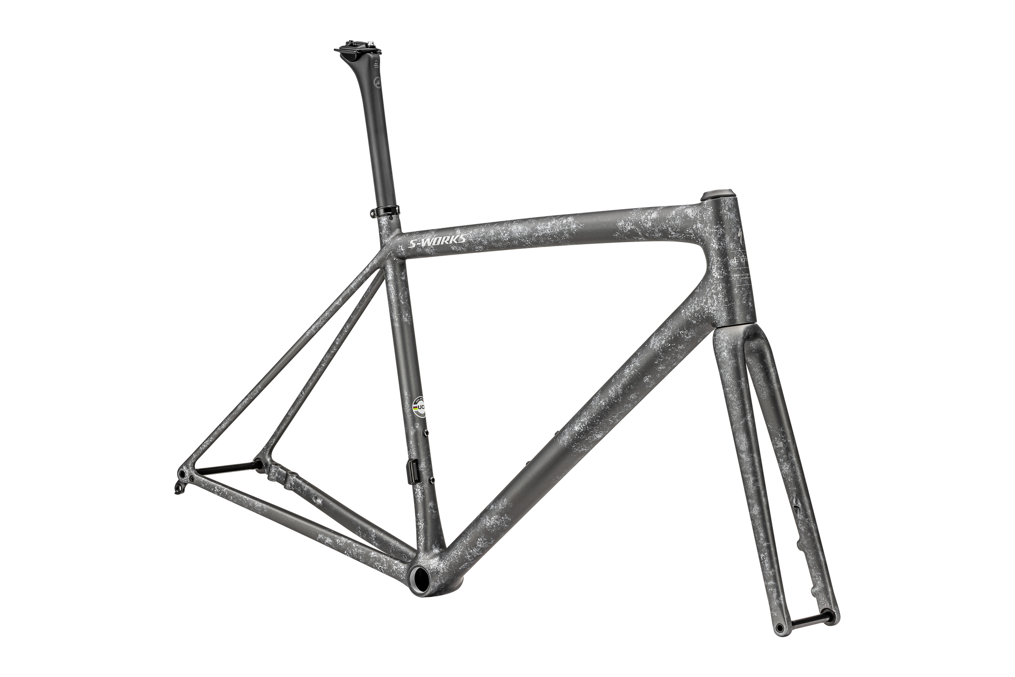 Specialized S-Works Aethos Frameset - FACT 12r Carbon - Satin Silver Pearl - Black Pearl Organic Color Run/ Brushed Liquid Silver
