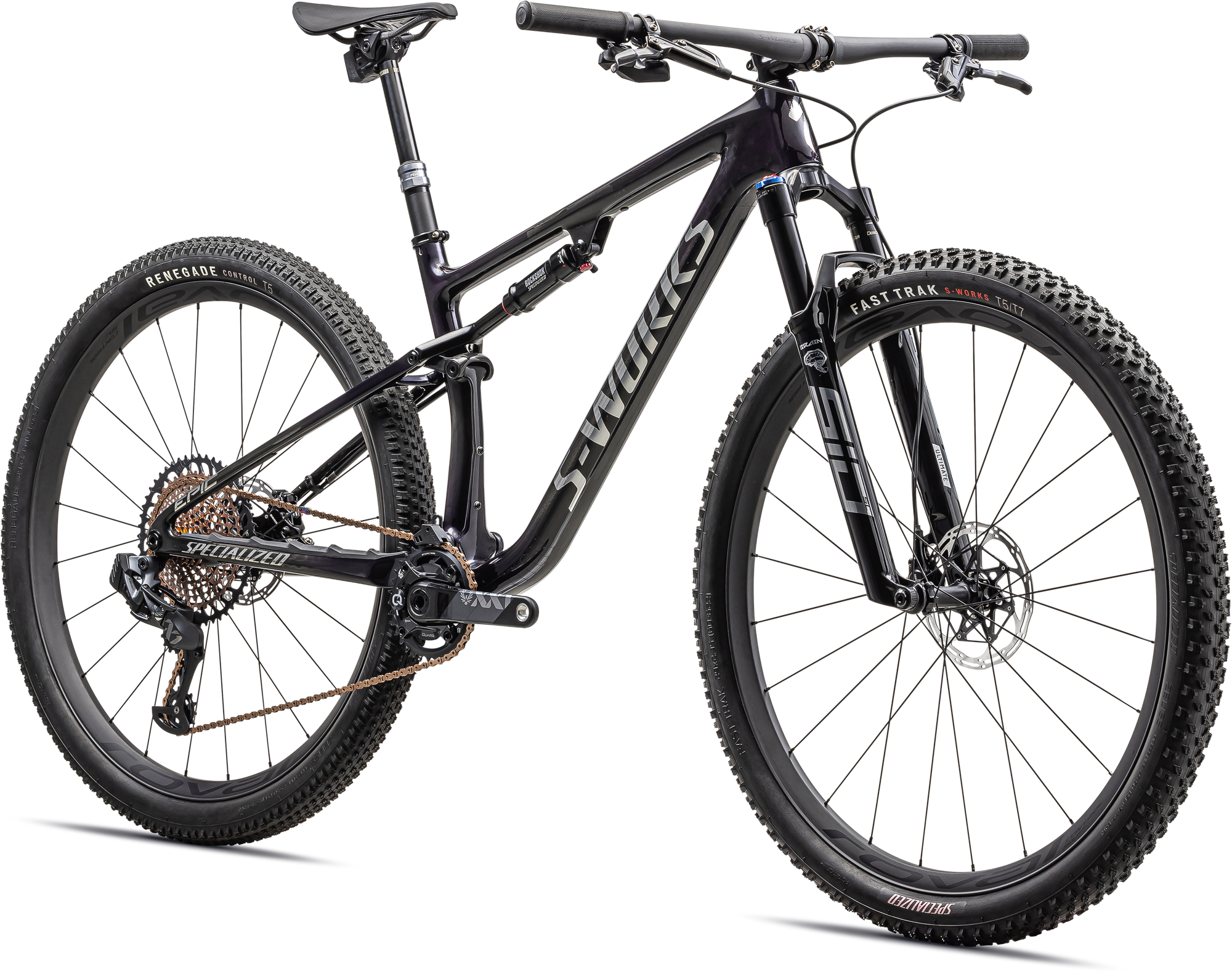 Specialized S-Works Epic - SRAM XX1 AXS, RockShox Ultimate BRAIN - Gloss Purple Tint Fades Over Carbon / Chrome