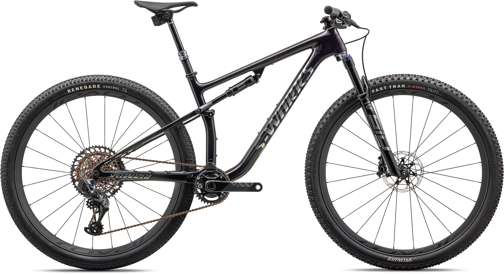 Specialized S-Works Epic - SRAM XX1 AXS, RockShox Ultimate BRAIN - Gloss Purple Tint Fades Over Carbon / Chrome