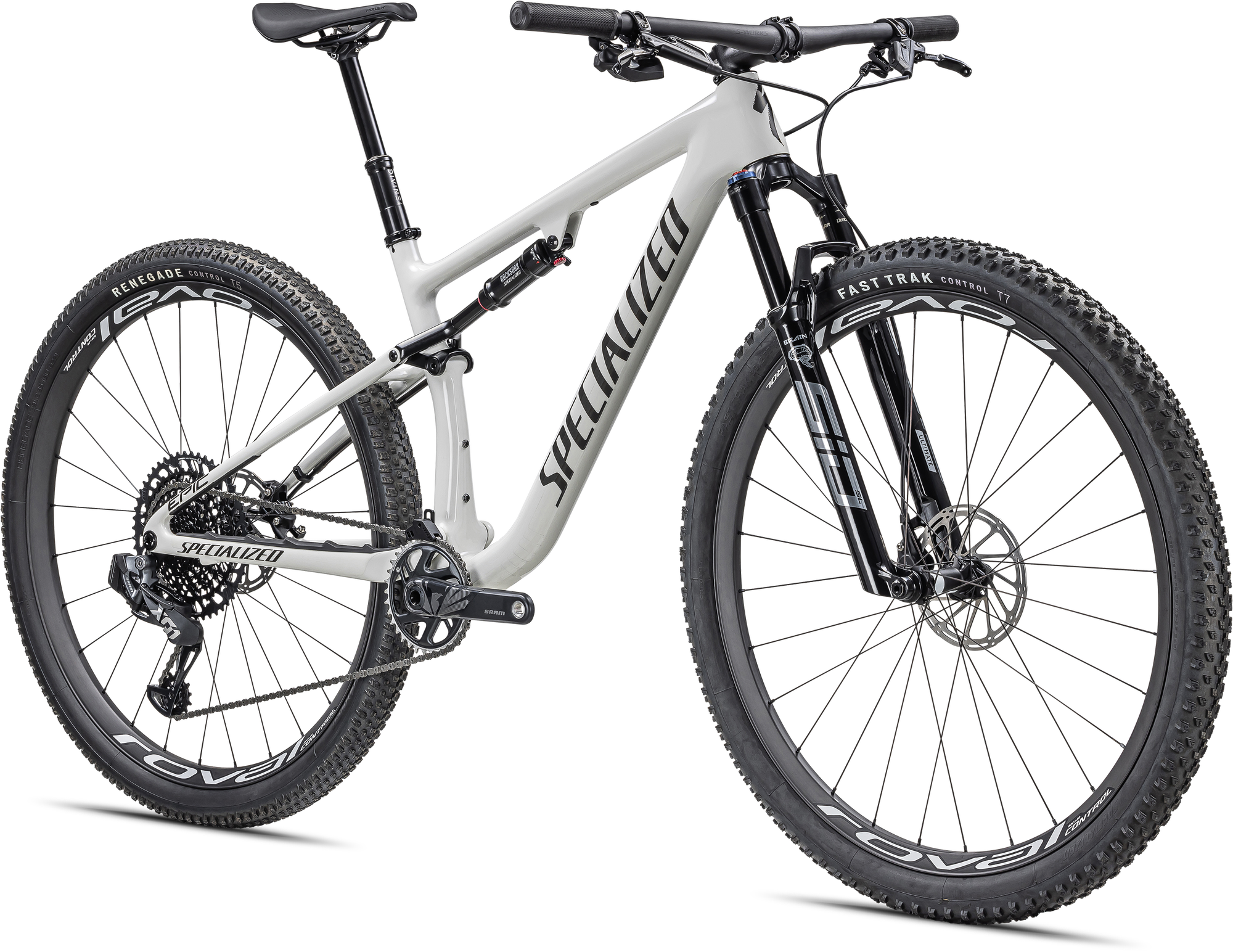Specialized Epic Pro - SRAM X01 AXS, RockShox Ultimate BRAIN - Gloss Dune White Granite Over Dove Grey / Metallic Obsidian