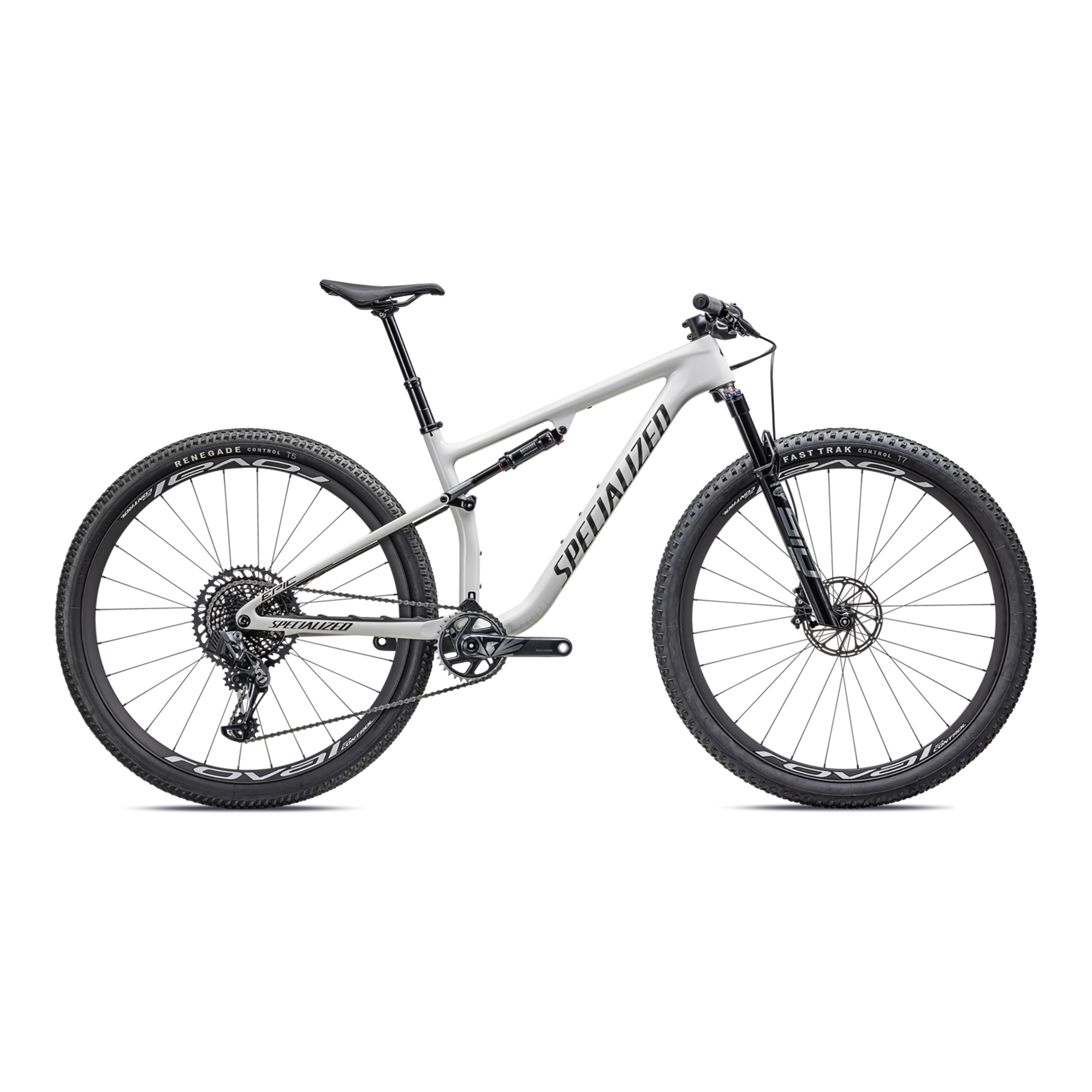 Specialized Epic Pro - SRAM X01 AXS, RockShox Ultimate BRAIN - Gloss Dune White Granite Over Dove Grey / Metallic Obsidian
