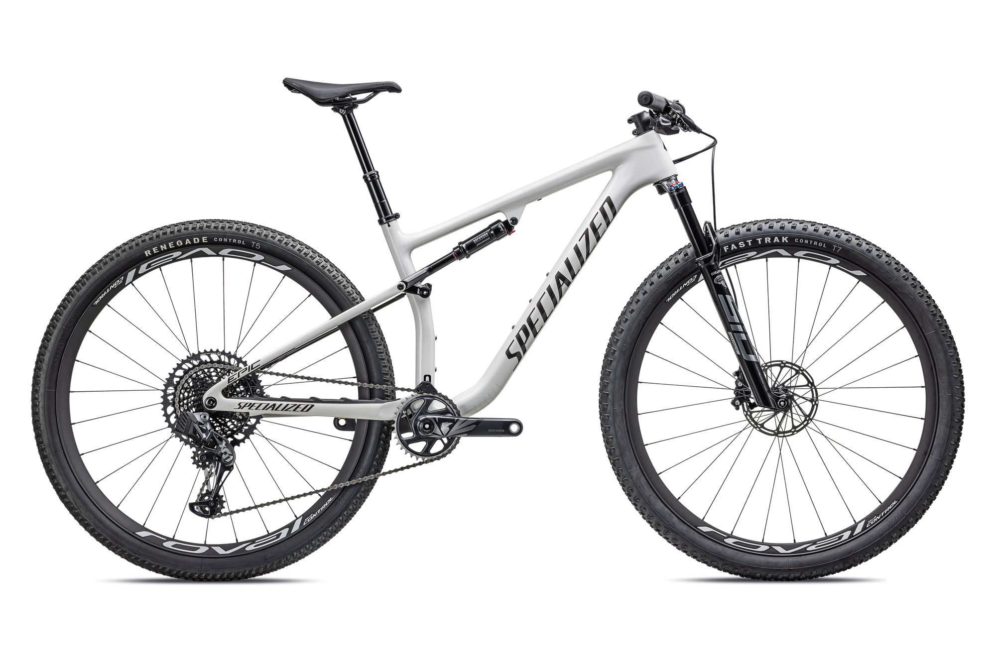 Specialized Epic Pro - SRAM X01 AXS, RockShox Ultimate BRAIN - Gloss Dune White Granite Over Dove Grey / Metallic Obsidian