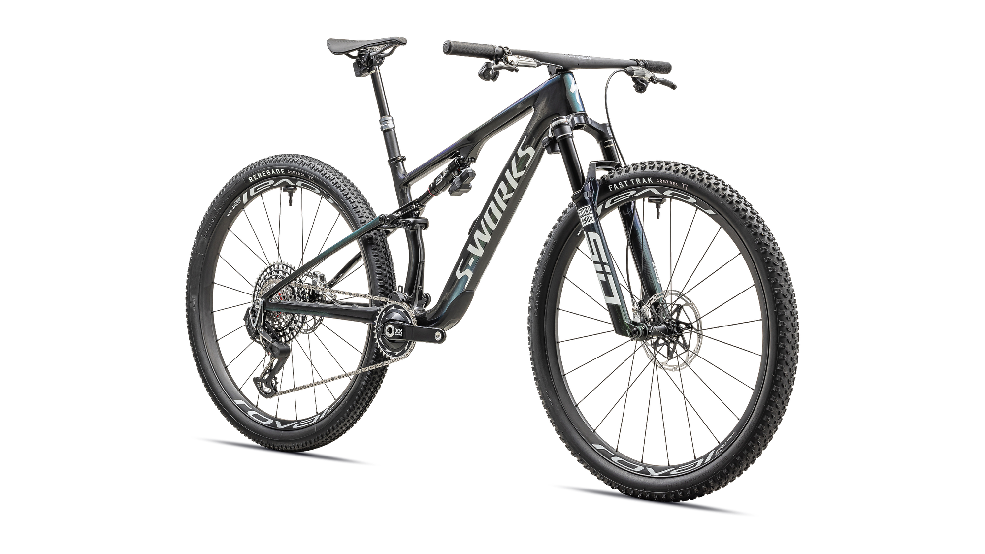 Specialized S-Works Epic 8 - SRAM XX SL AXS, RockShox Ultimate Flight Attendant - Gloss Carbon/Astral Blue/Electric Green/Cyan Edge Fade/Metallic White Silver
