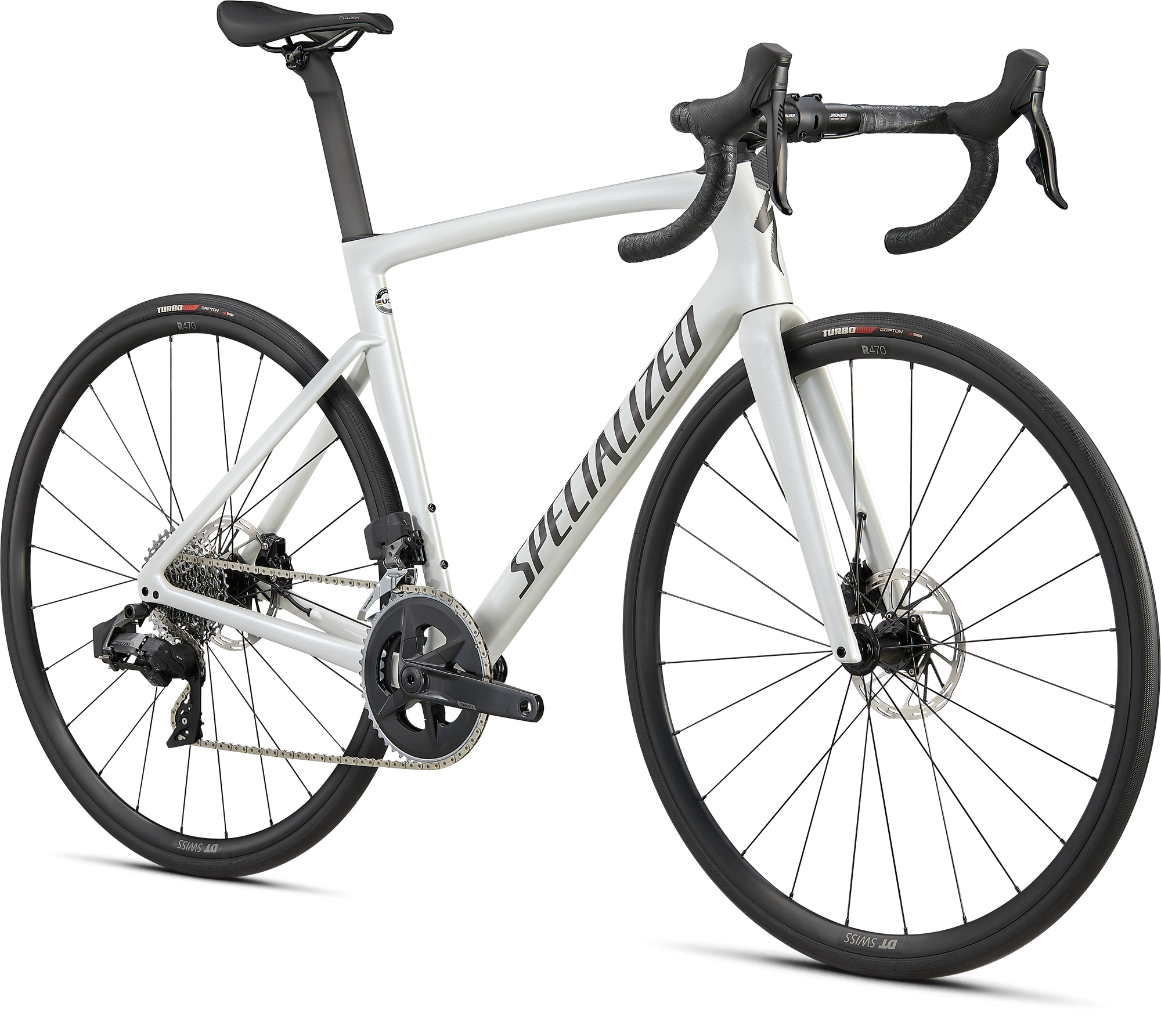Specialized Tarmac SL7 Comp - SRAM Rival eTAP AXS - Gloss Metallic White Silver / Smoke
