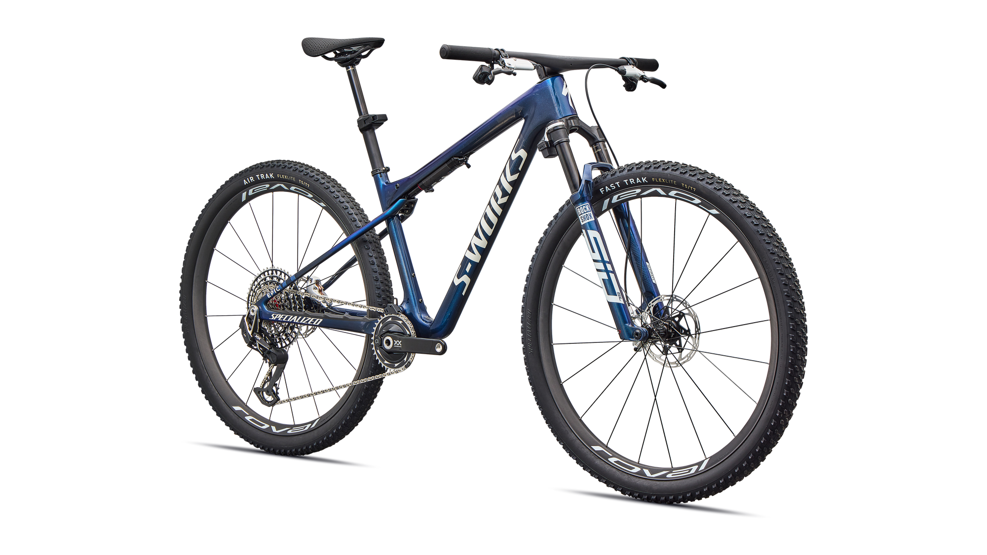 Specialized S-Works Epic World Cup - SRAM XX SL AXS, RockShox Ultimate Flight Attendant - Gloss Carbon Cyan Blue / Metallic White Silver