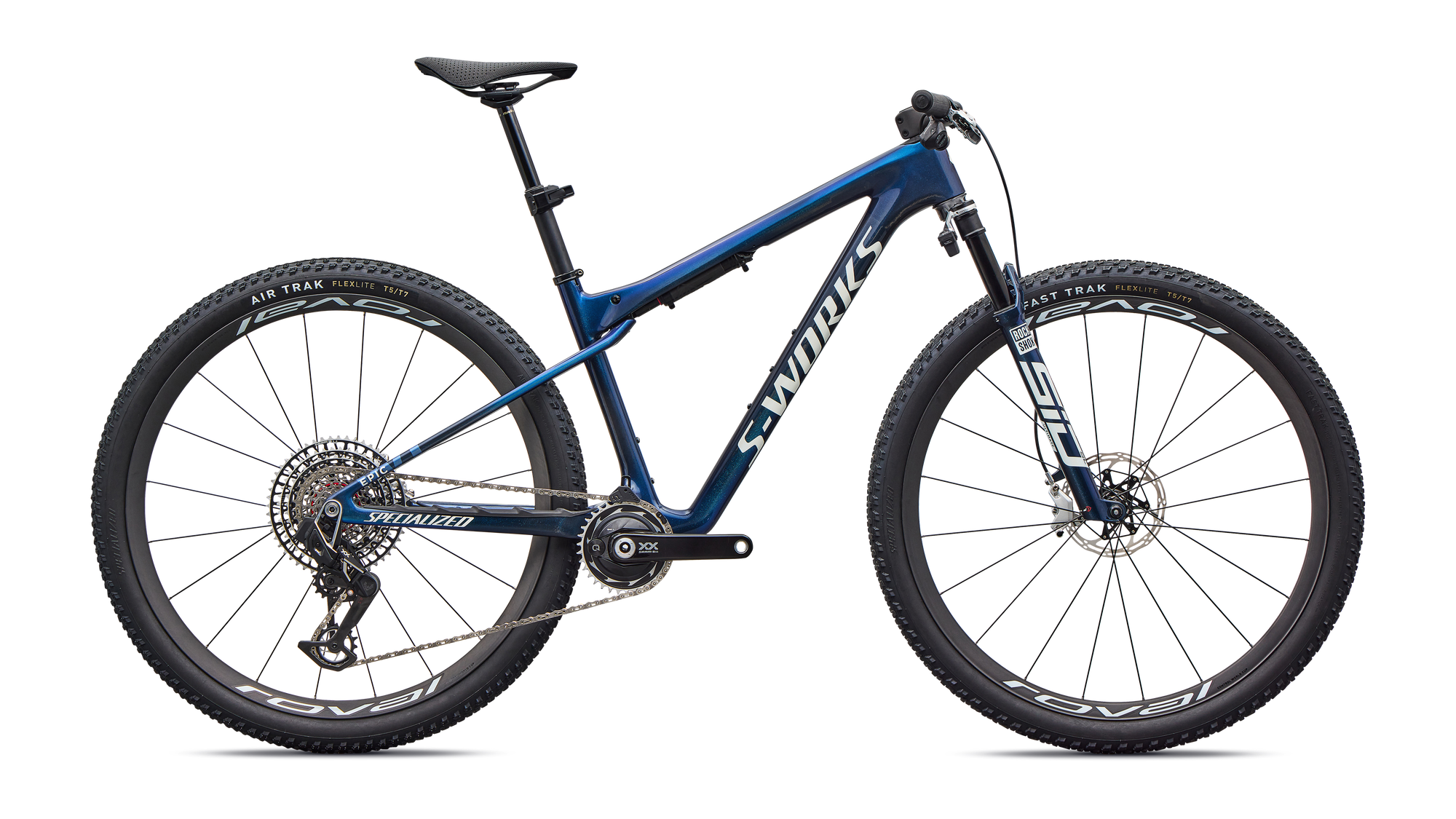 Specialized S-Works Epic World Cup - SRAM XX SL AXS, RockShox Ultimate Flight Attendant - Gloss Carbon Cyan Blue / Metallic White Silver