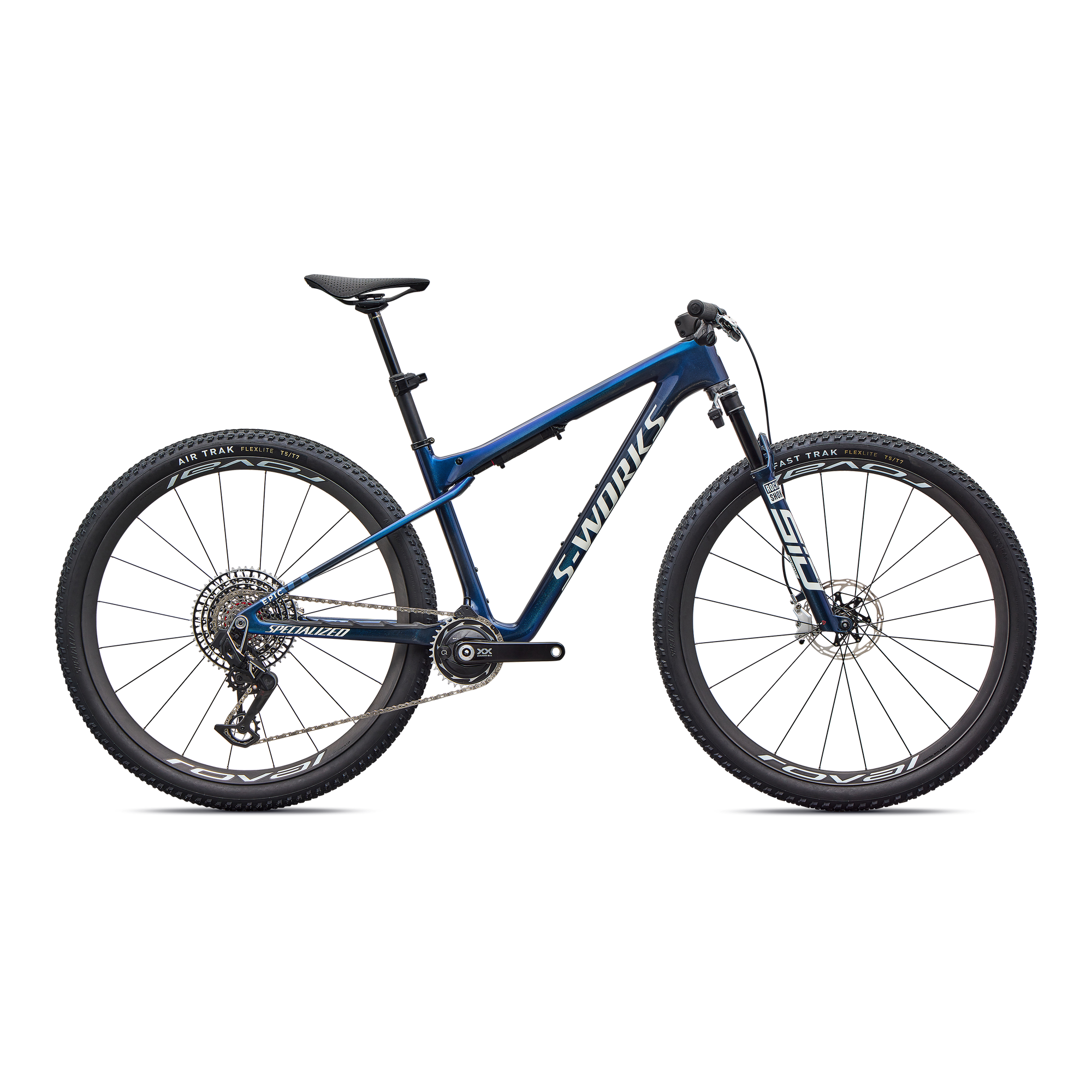Specialized S-Works Epic World Cup - SRAM XX SL AXS, RockShox Ultimate Flight Attendant - Gloss Carbon Cyan Blue / Metallic White Silver