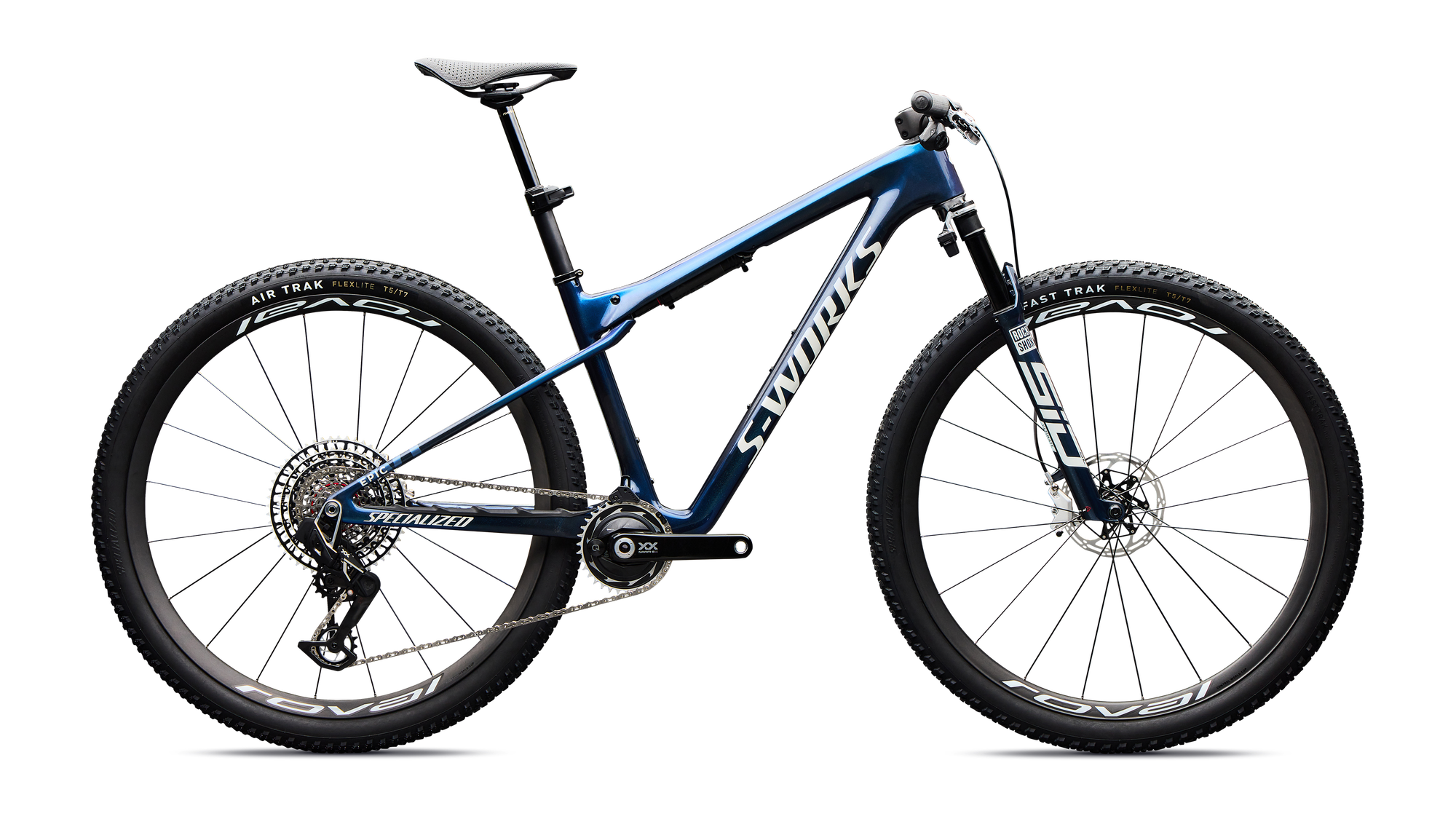 Specialized S-Works Epic World Cup - SRAM XX SL AXS, RockShox Ultimate Flight Attendant - Gloss Carbon Cyan Blue / Metallic White Silver