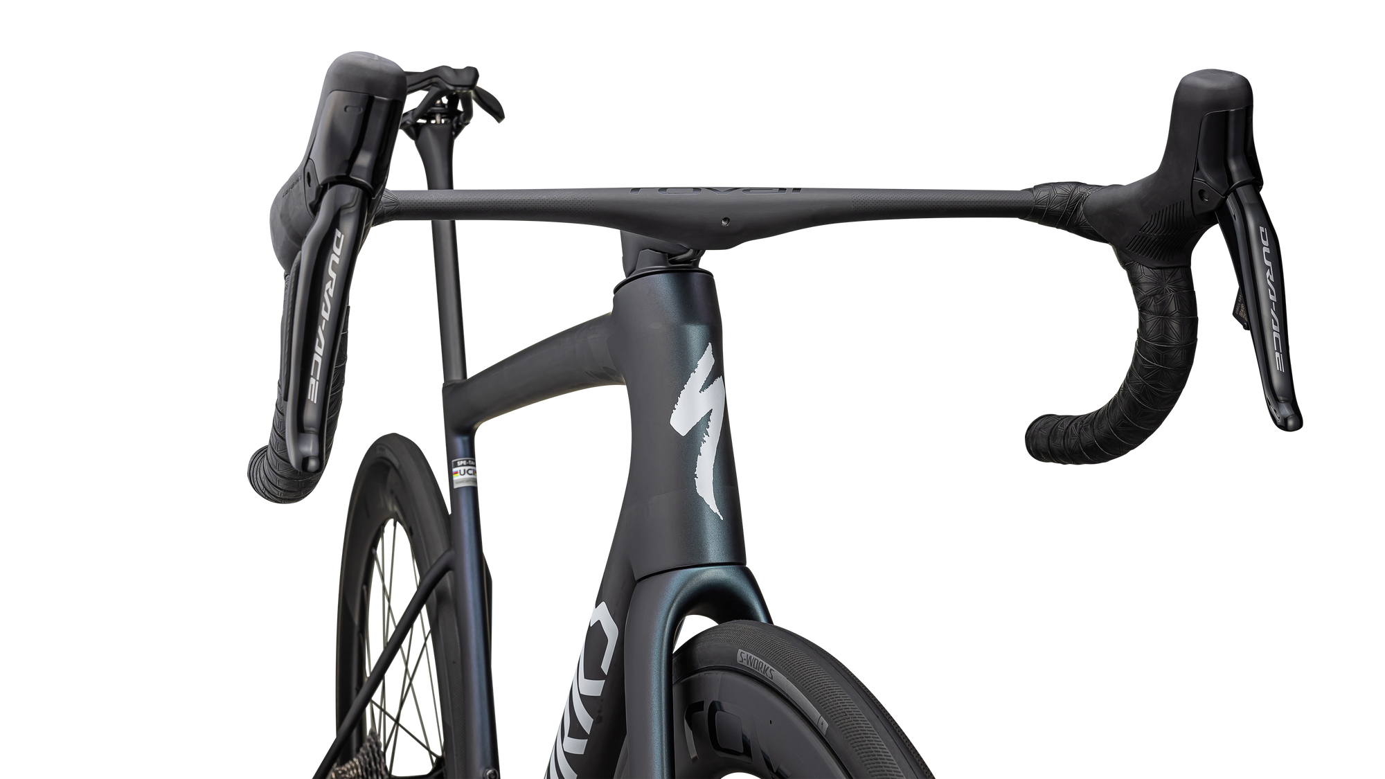 Specialized S-Works Tarmac SL8 - Shimano Dura-Ace Di2 - Satin Carbon / Viavi Cynan Blue / Viavi Silver-Blue Pearl Fade / Gloss Metallic White Silver