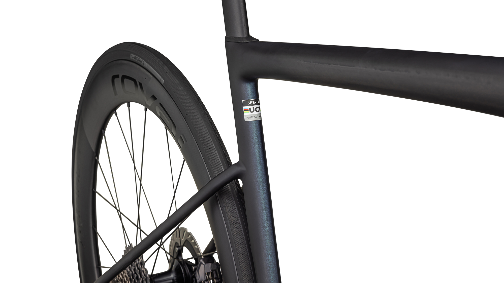 Specialized S-Works Tarmac SL8 - Shimano Dura-Ace Di2 - Satin Carbon / Viavi Cynan Blue / Viavi Silver-Blue Pearl Fade / Gloss Metallic White Silver