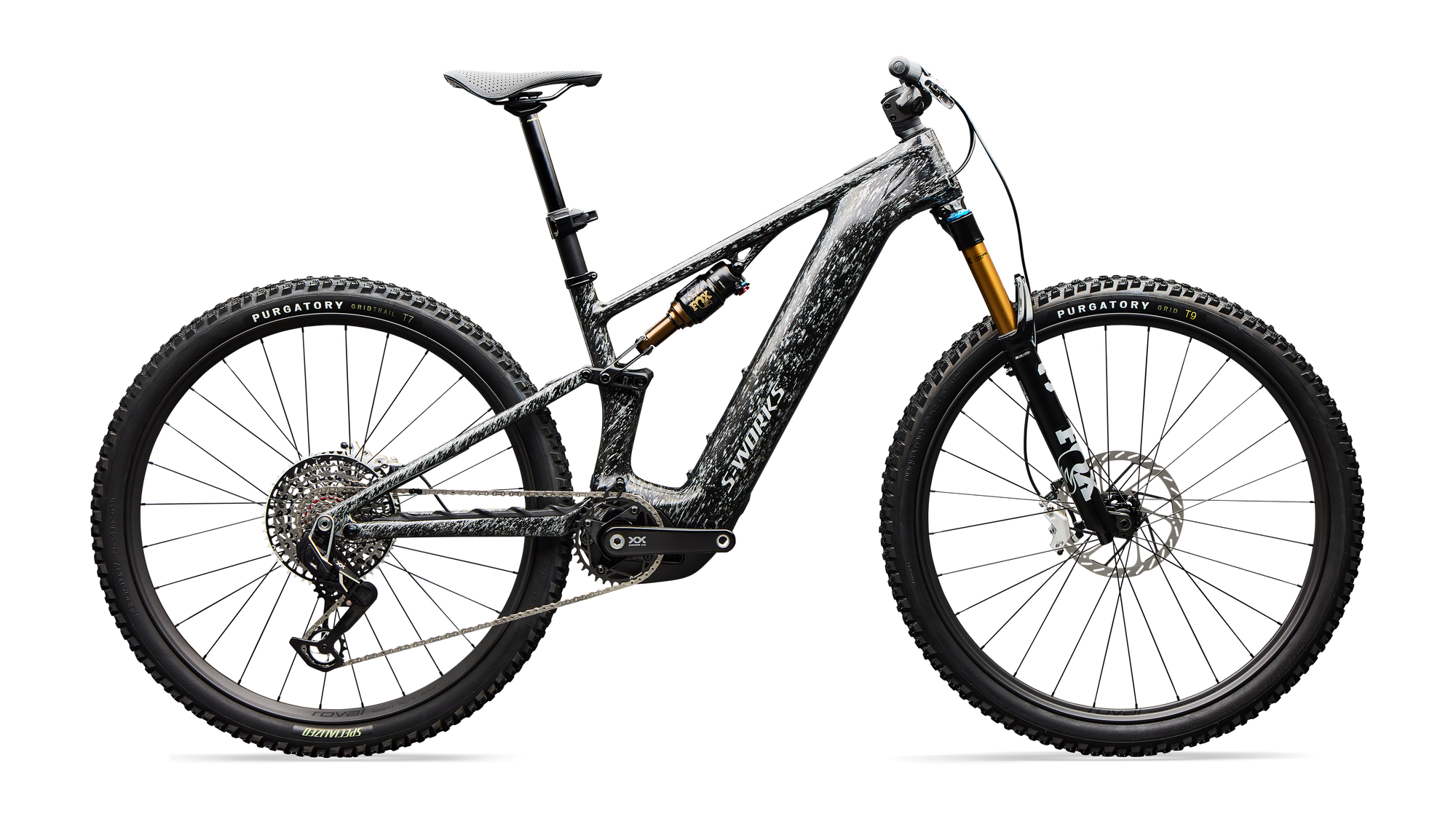 Specialized S-Works Turbo Levo R - Gloss Shadow Silver Blended Speckle Over Carbon / Silver Dust