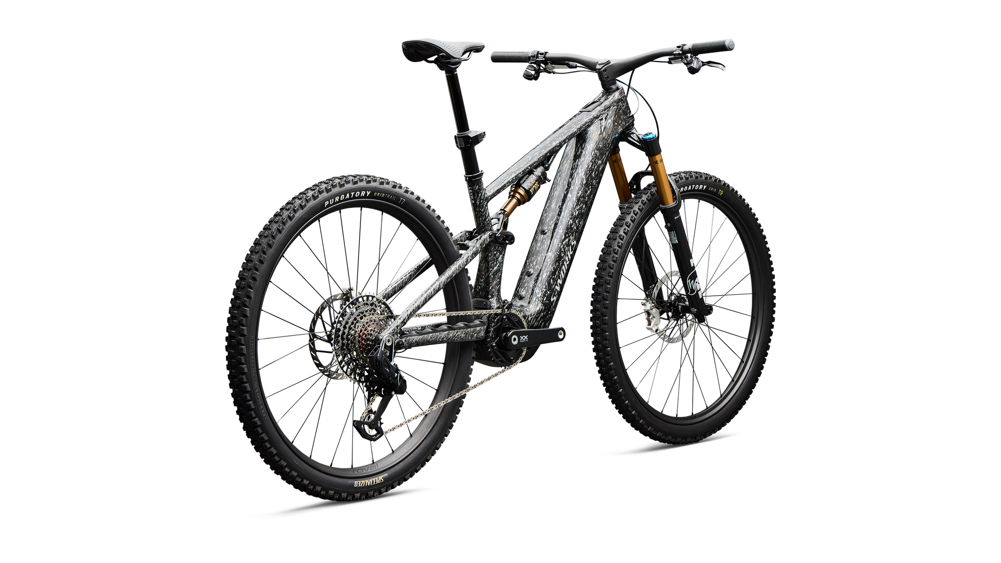 Specialized S-Works Turbo Levo R - Gloss Shadow Silver Blended Speckle Over Carbon / Silver Dust