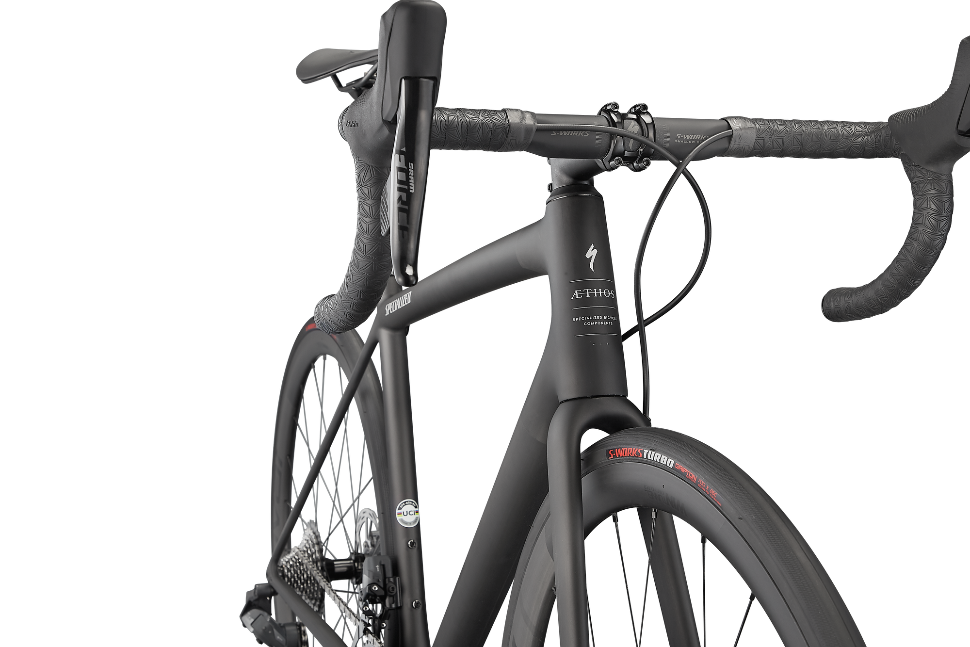 Specialized Aethos Pro - SRAM Force eTap AXS - Carbon / Flake Silver / Gloss Black Fork Fade