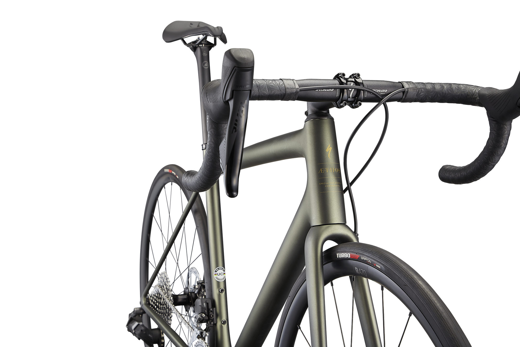 Specialized Aethos Comp - SRAM Rival eTAP AXS - Satin Metallic Moss/Gold/Carbon Fade
