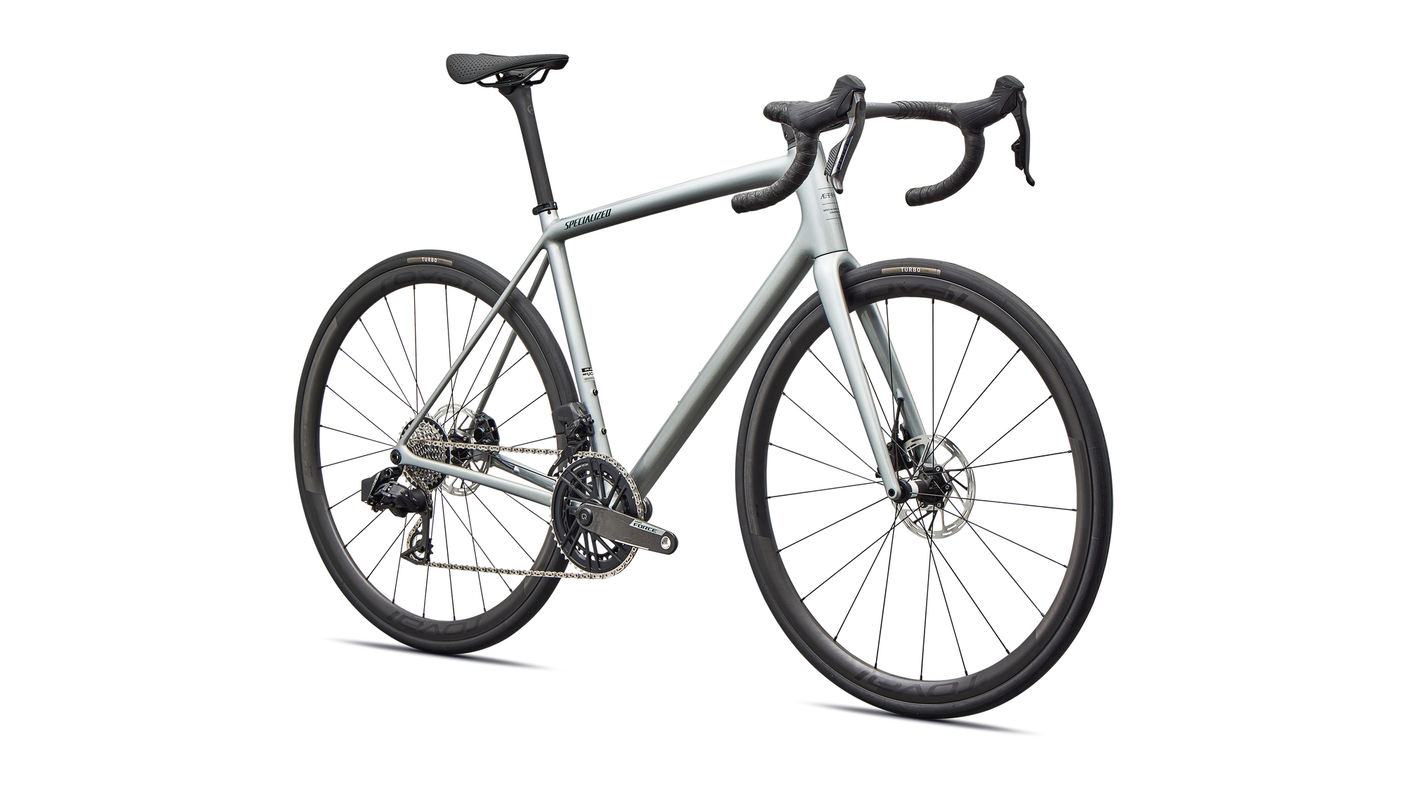 Specialized Aethos 2 Pro - SRAM Force AXS - Gloss Shadow Silver / Emerald Metallic