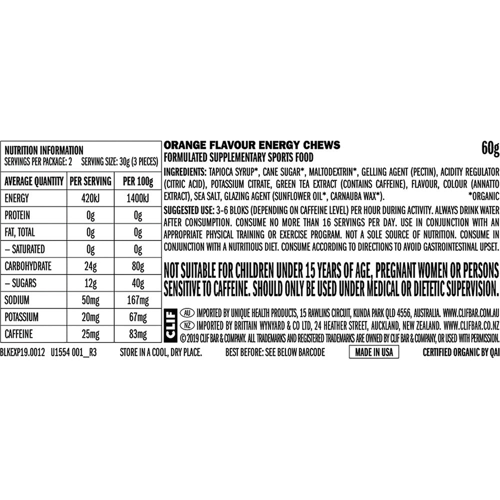 Clif Bloks Energy Chews 18 Pack - Orange 25mg Caffeine
