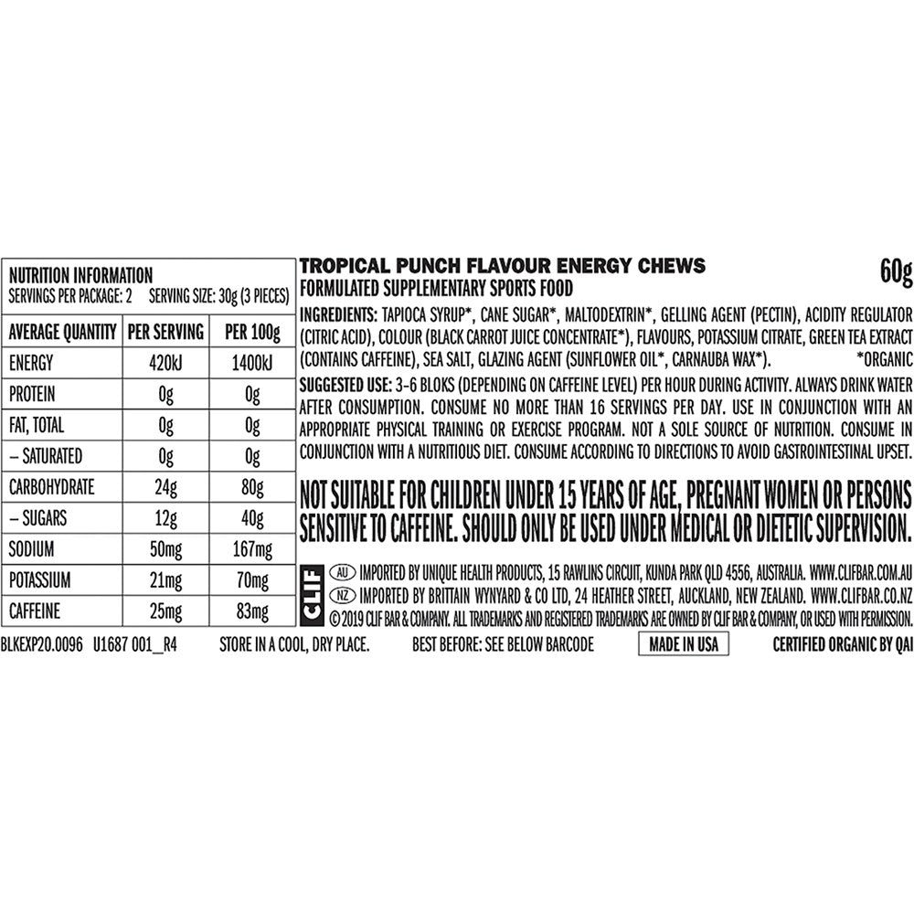 Clif Bloks Energy Chews 18 Pack - Tropical Punch 25mg Caffeine