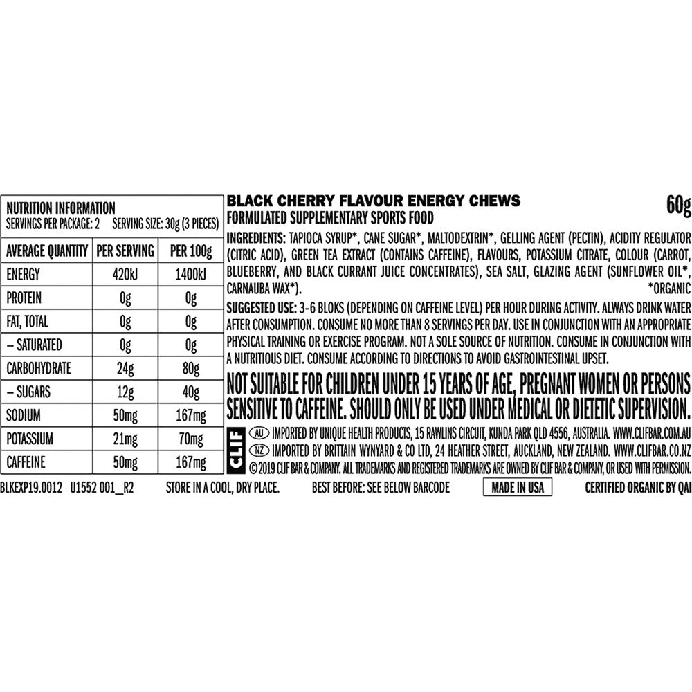Clif Bloks Energy Chews 18 Pack - Black Cherry 50mg Caffeine
