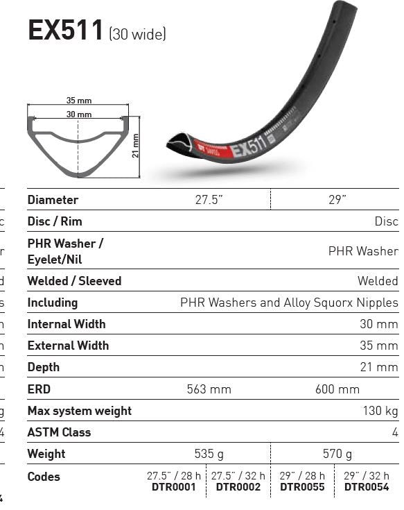 DT Swiss Rim EX511 29 32H 30 Wide