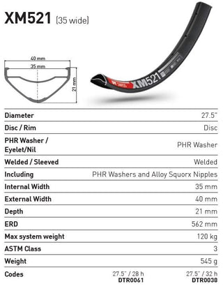 DT Swiss Rim XM521 27.5 28H 35 Wide
