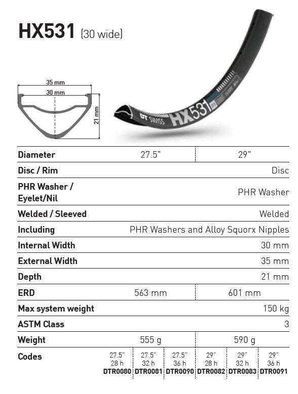 DT Swiss Rim HX531 29 30 Wide 28H