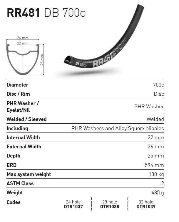 DT Swiss Rim RR481 700c DB 28h 22 Wide - Black