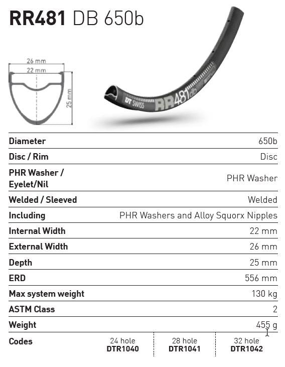 DT Swiss Rim RR481 650b DB 28h 22 Wide - Black