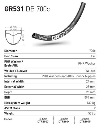 DT Swiss Rim GR531 700c DB 28h 24 Wide - Black