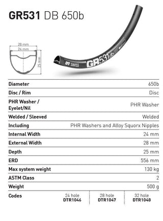 DT Swiss Rim GR531 650b DB 28h 24 Wide - Black