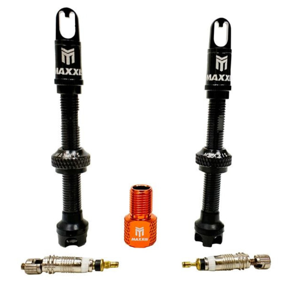 Maxxis MaxxOut Tubeless Valves 50 mm Presta/Alloy Tool Caps/Spare Cores/Presta to Schrader Kit