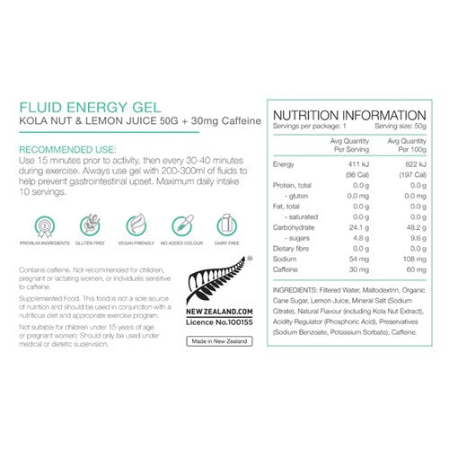 Pure Energy Gel Kola Nut &amp; Lemon Juice With 30mg Caffeine 35G Box of 24