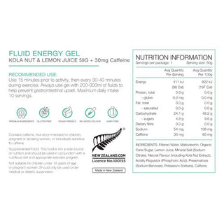 Pure Fluid Energy Gel Kola Nut & Lemon Juice with 30mg Caffeine 50g Box of 18