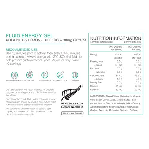 Pure Fluid Energy Gel Kola Nut &amp; Lemon Juice with 30mg Caffeine 50g Box of 18