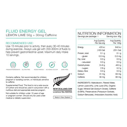 Pure Fluid Energy Gel Lemon Lime with 30mg Caffeine 50g Box of 18