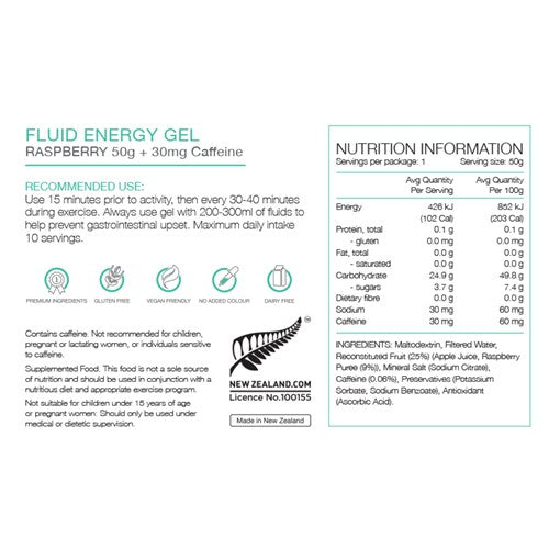 Pure Fluid Energy Gel Raspberry With 30mg Caffeine 50g Box of 18