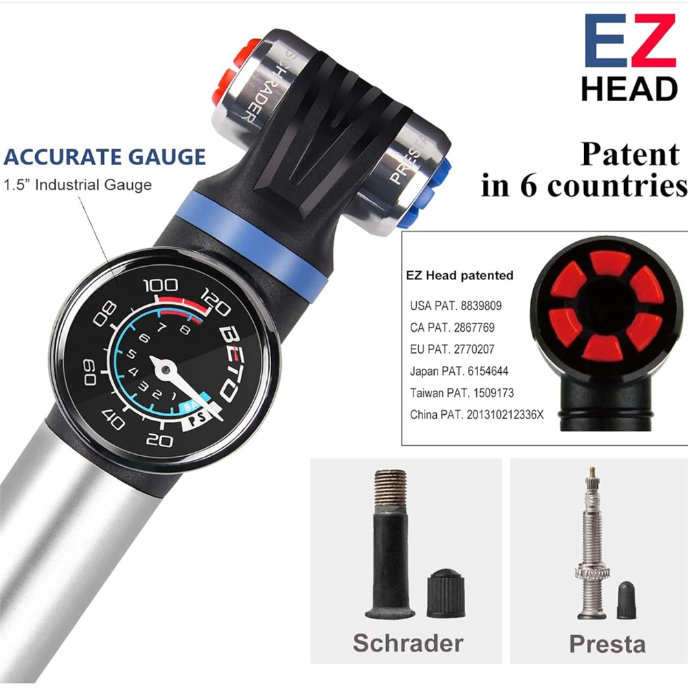 Beto Alloy MTB Pump With 1.5" Gauge Dual Valve EZ Head