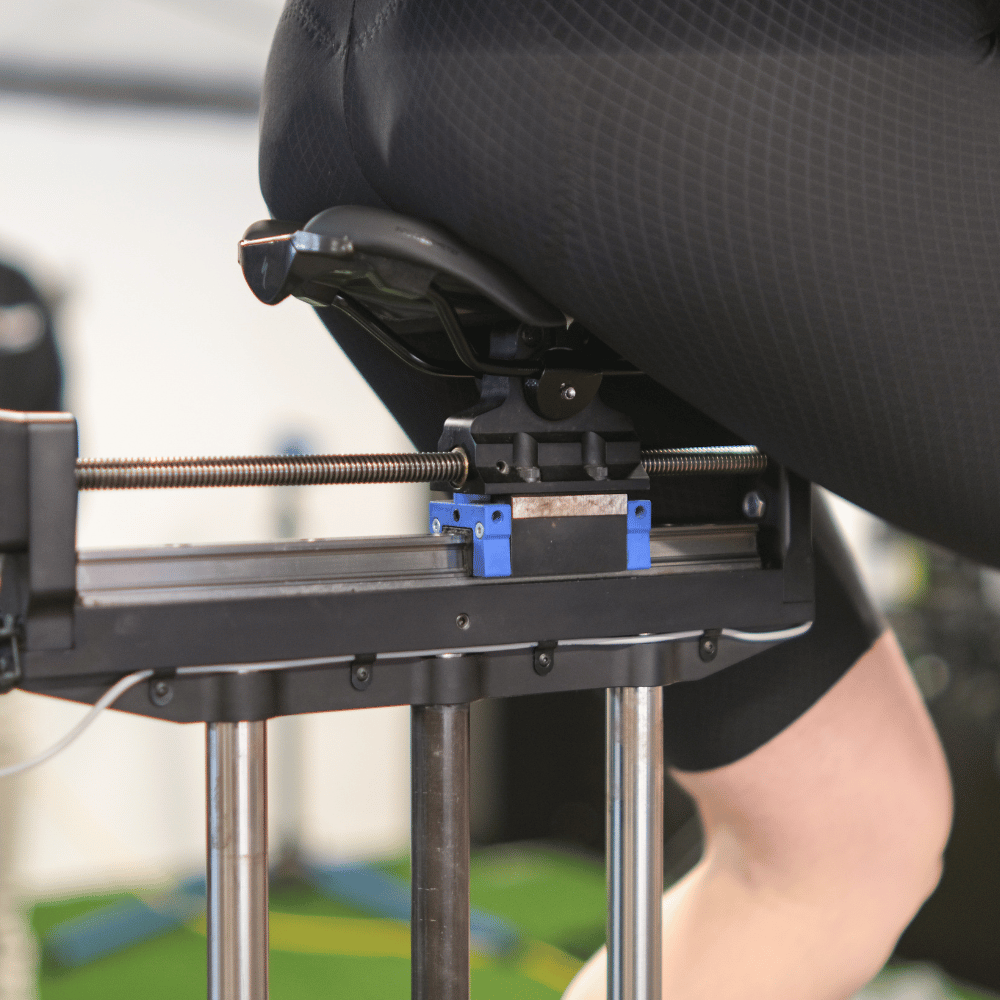 Close up of Guru bike fitting machine and its adjustable saddle